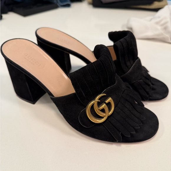 Gucci Shoes - Gucci Black and Gold Mules with GG Logo and Fringe